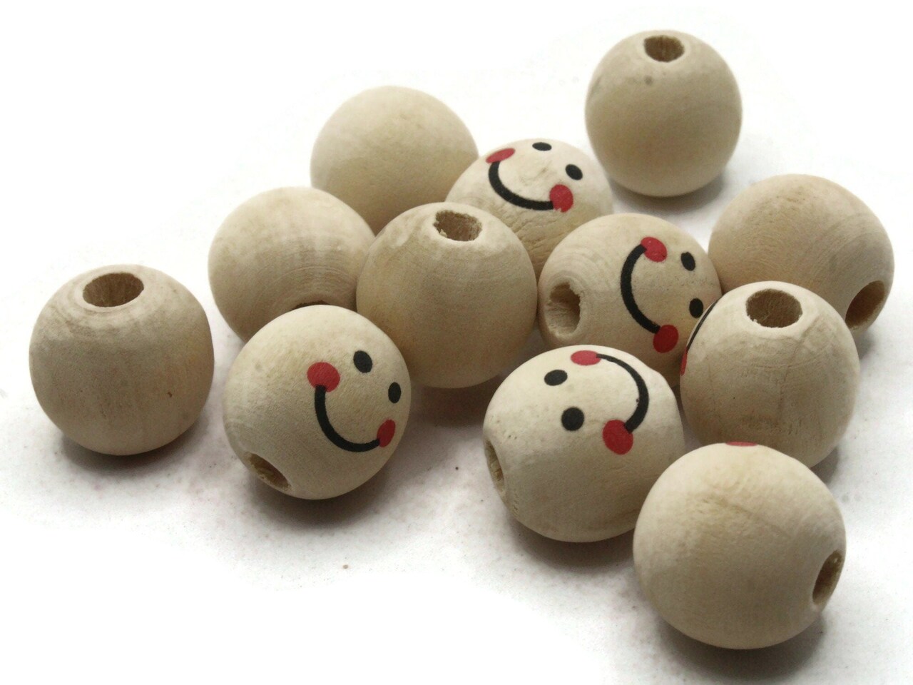 12 17mm Round Wood Smiling Face Doll Head Beads Large Hole Natural Wooden Beads